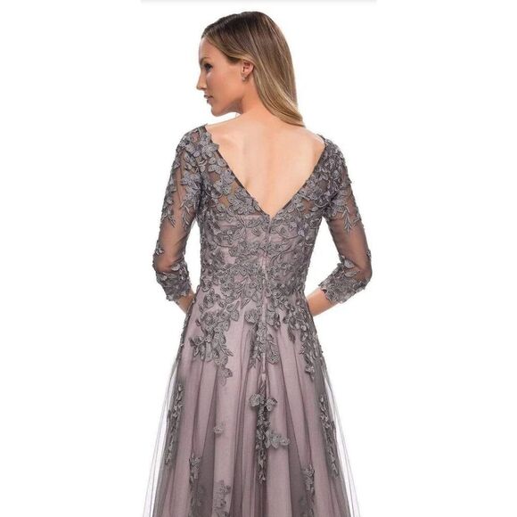 La Femme 29205 Floral Embroidered A-line Gown in Pink & Gray NWOT Size 2 - Picture 4 of 7
